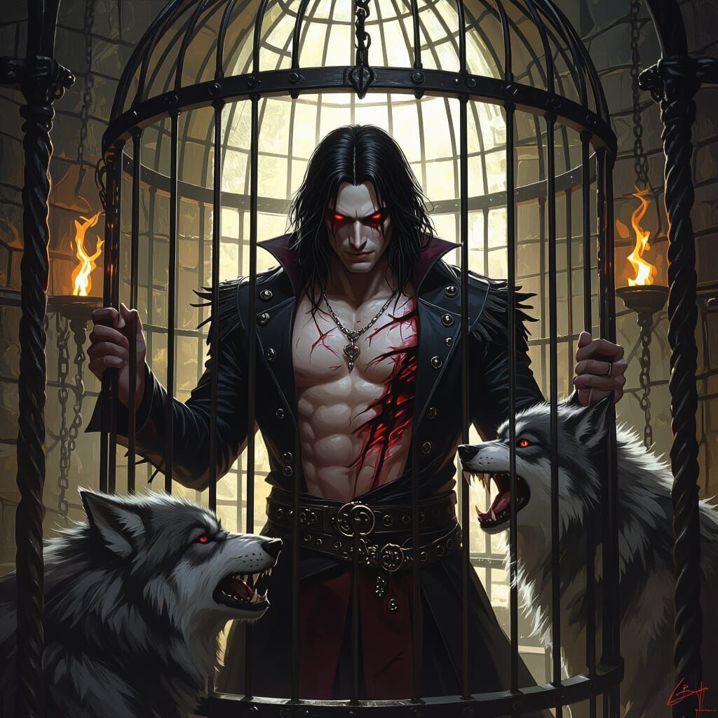 Vampire Trapped in Cage with Werewolf in Dungeon