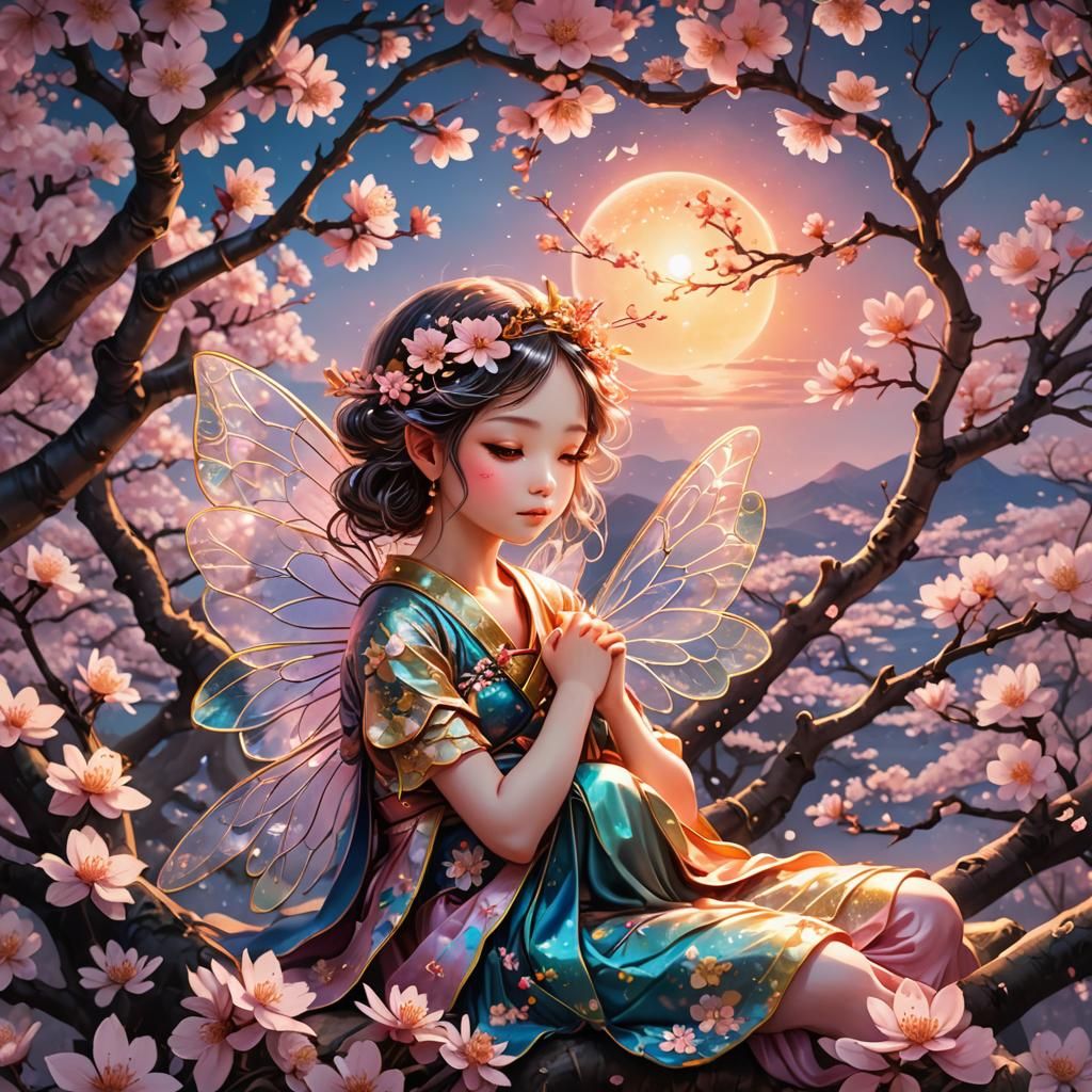 Flower Fairy Resting in Cherry Blossom: Cosmic Illustration