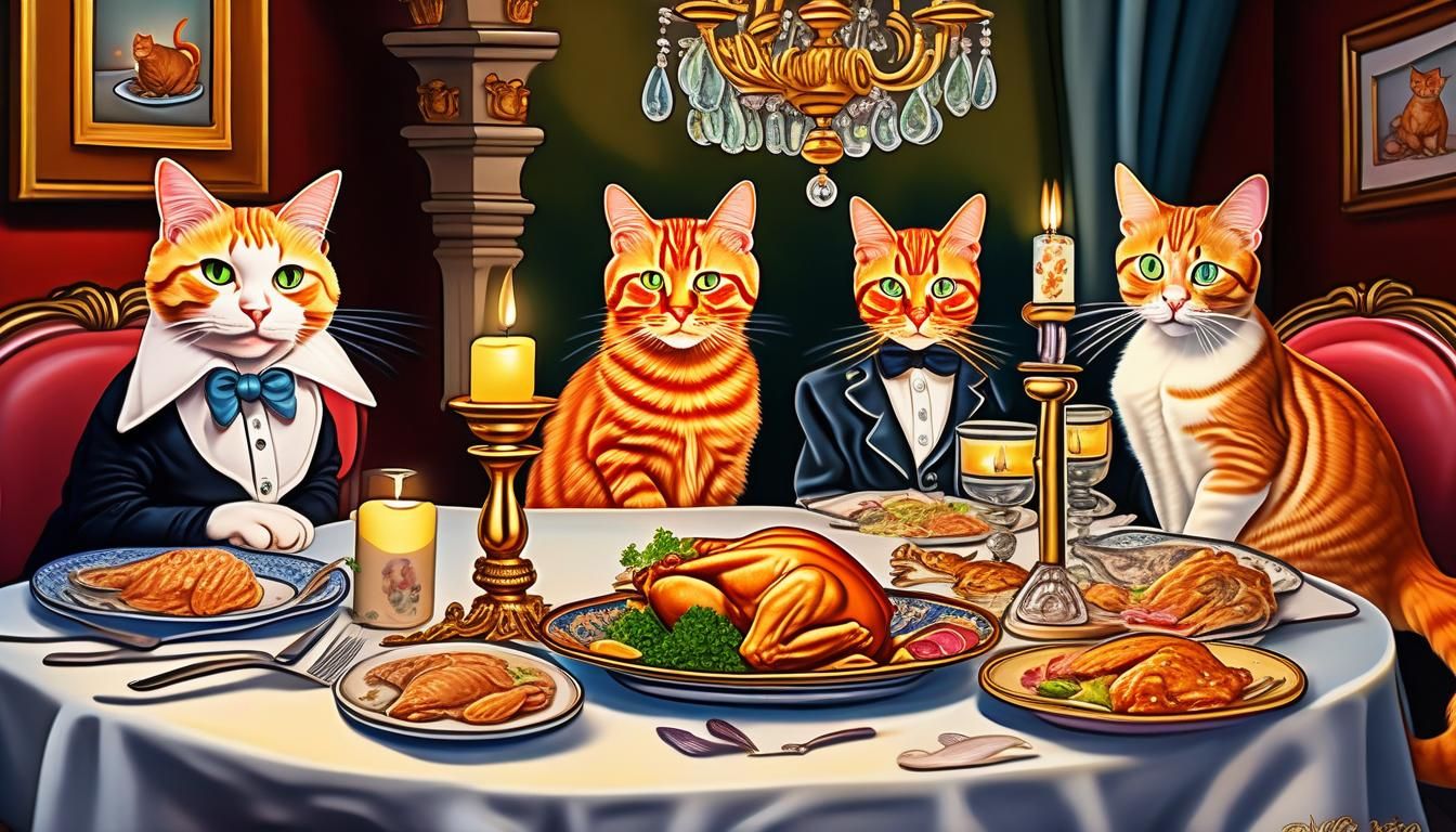 Ginger Tabby Cats Enjoying a Candlelit Dinner