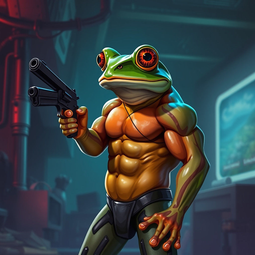 Handsome Muscular Frog-Man with Pistol in Cyberpunk Style
