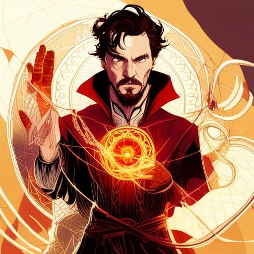 Doctor Strange Portrait with Golden Outlines, Digital Art