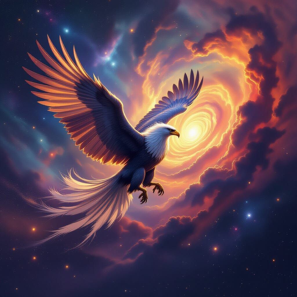 Majestic Griffin Soaring Through Cosmic Nebula
