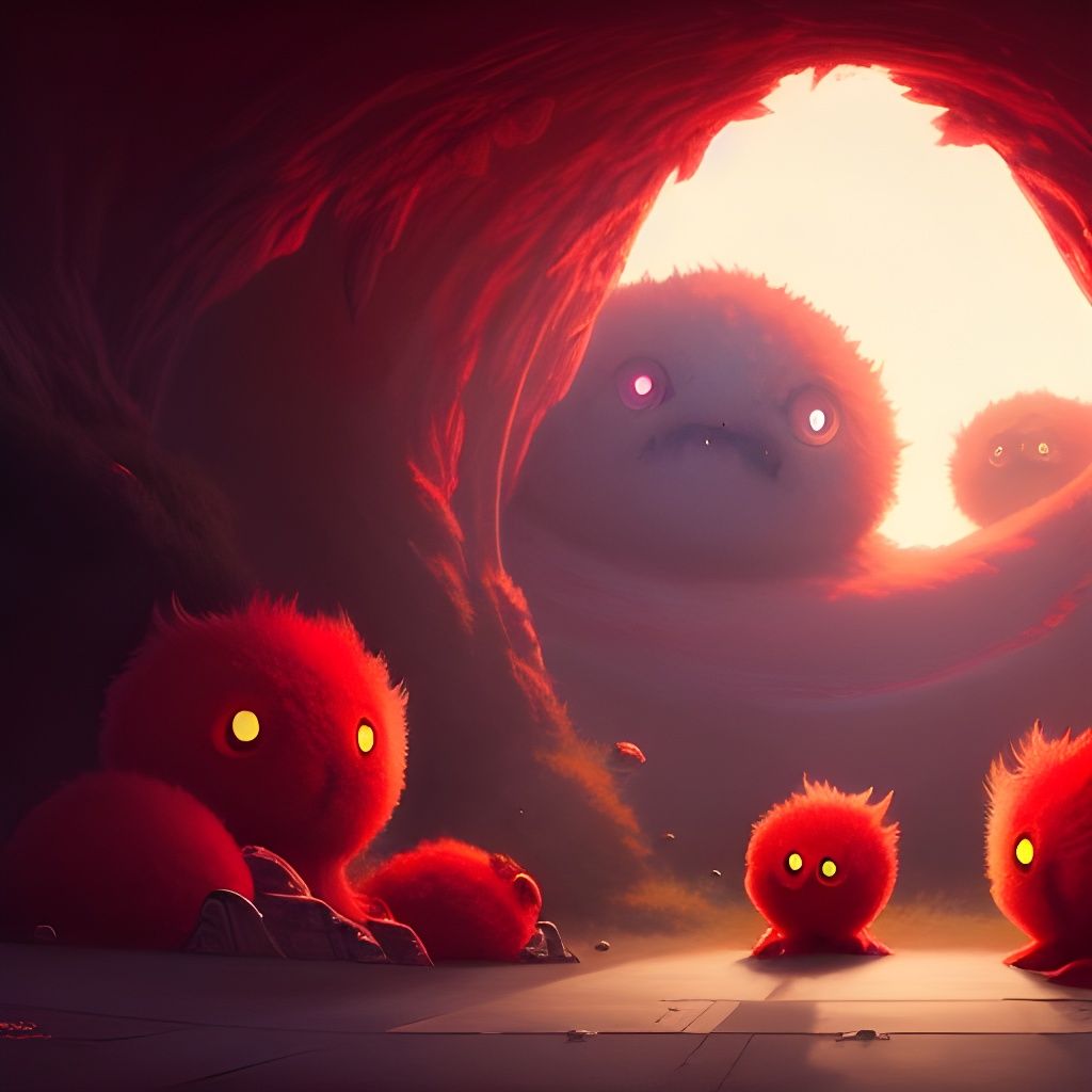 Cute Red Monsters with Big Eyes: Hyperrealistic Art