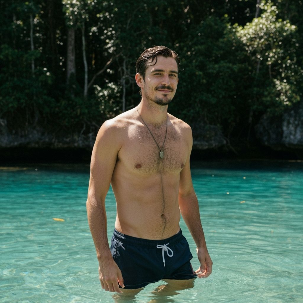 Man in Turquoise Water with Sunlit Forest Backdrop