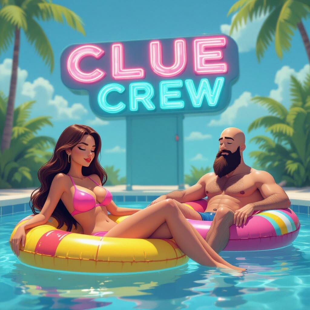 Woman and Man Relaxing in Pool with Neon Sign