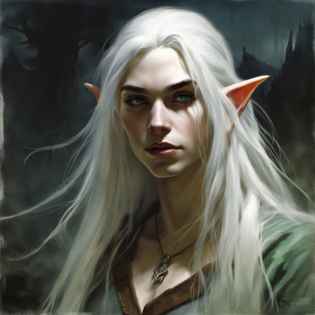 Sinister Elf with White Hair, Greg Rutkowski Style