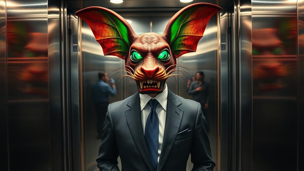Stockbroker with African Mask in Elevator: Magic Surrealism