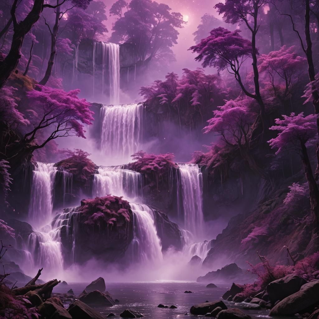 a purple waterfall in the middle of a forest, nebula waterfa...
