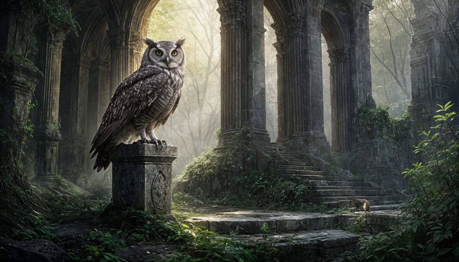 Owl Perched on Sword in Overgrown Ruins