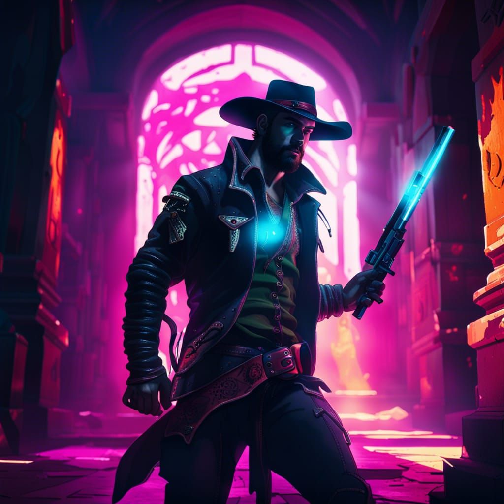 Cyberpunk Cowboy Alchemist in Temple Ruins