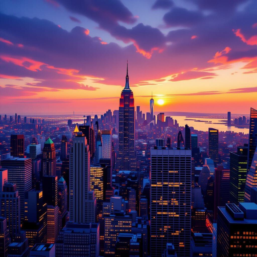 NYC Skyscrapers at Sunset in Hyperrealistic Style