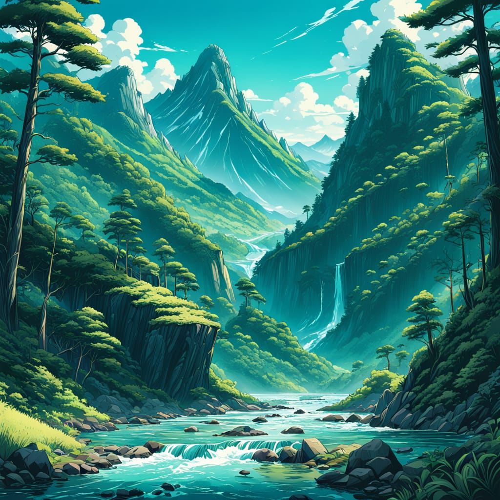 Stunning Mountain View with Turquoise Rivers in Anime Style