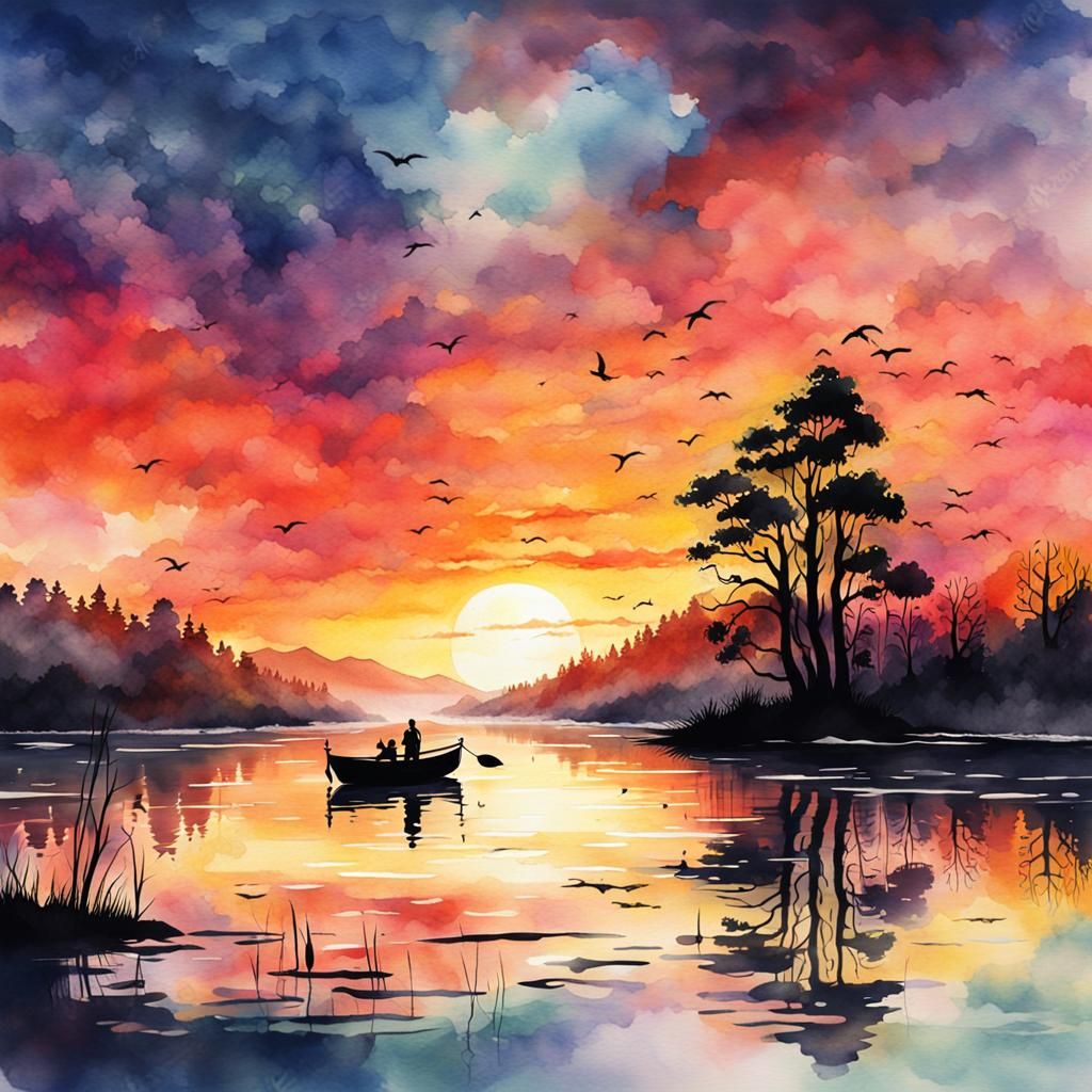 Lake Sunset Watercolor Art in Unreal Engine 5