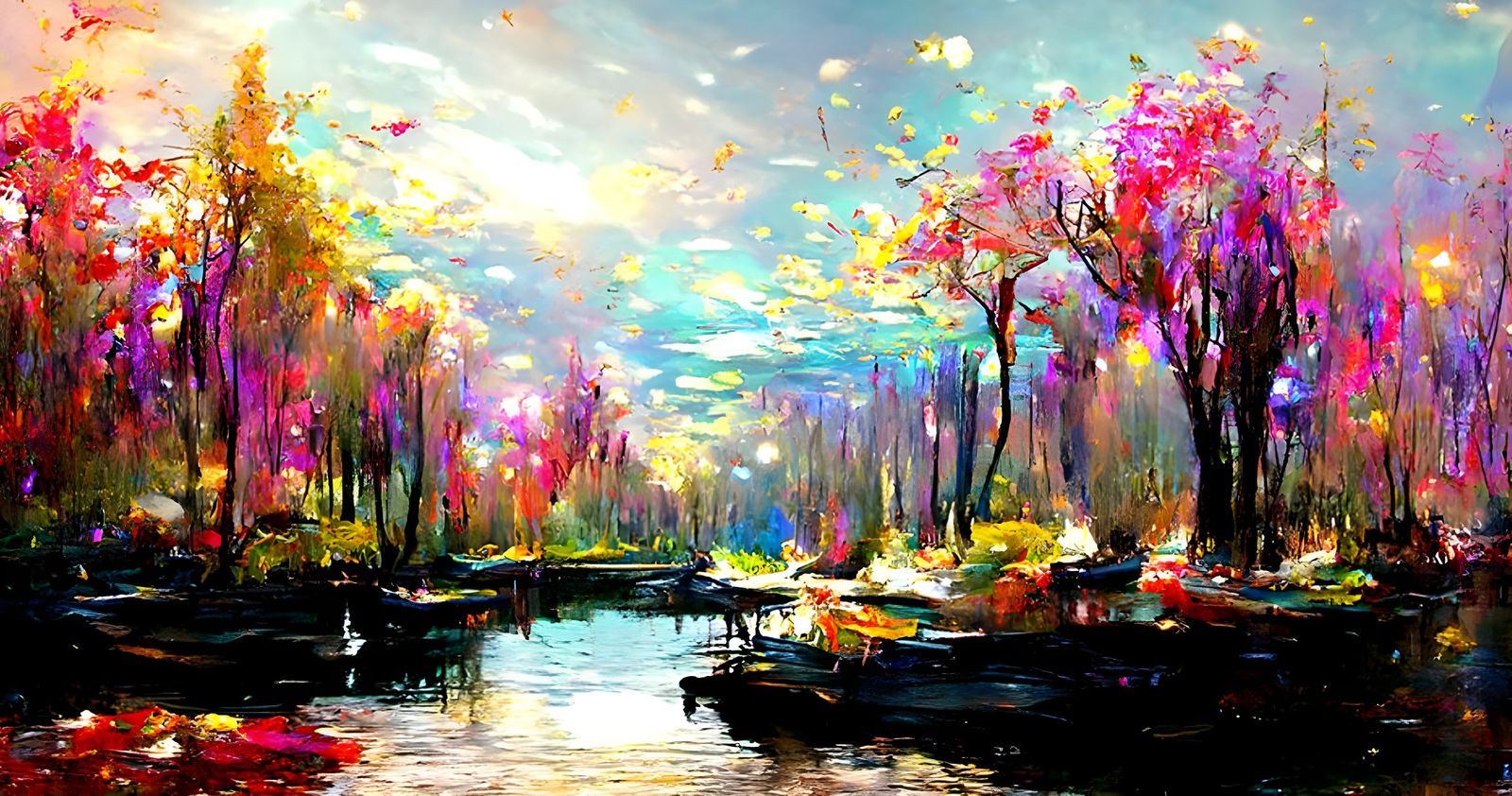 Vibrant Expressionist Lake Scene with Starry Sky