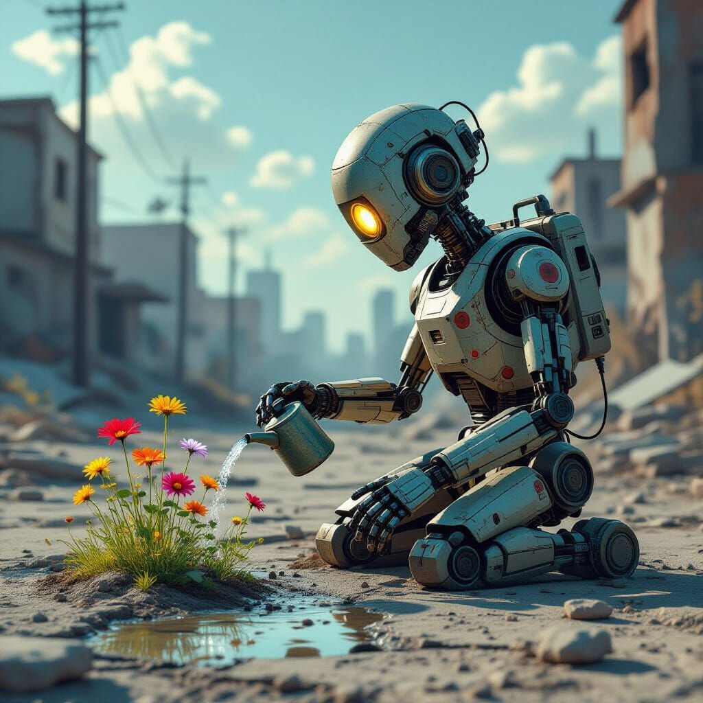 Robot Tends Wildflowers in Post-Apocalyptic Wasteland