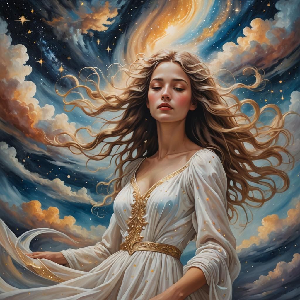 Surrealist Woman Floating in Starry Clouds as Oil Painting