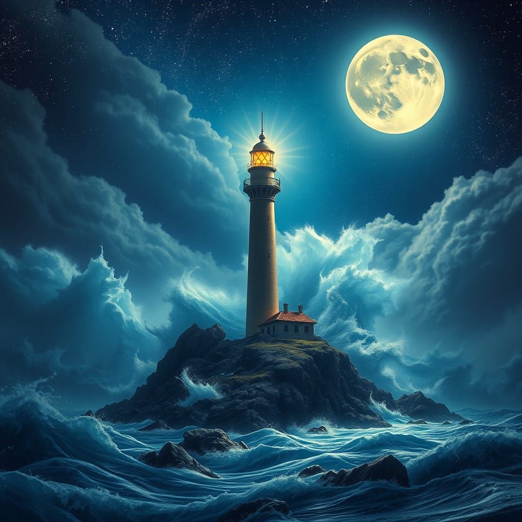 Lighthouse on Stormy Island Under Full Moon and Stars