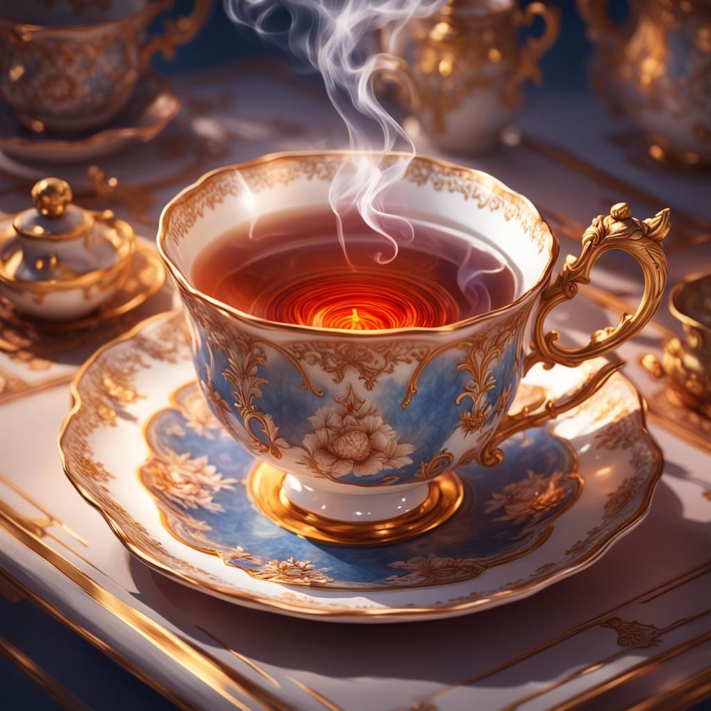 hot steaming tea in a dainty teacup on a dainty table, photo