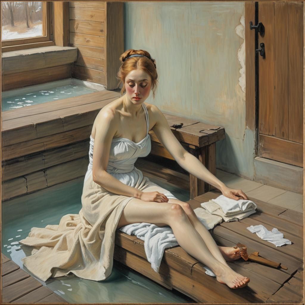 Finnish Sauna Scene in Degas Pastel Style