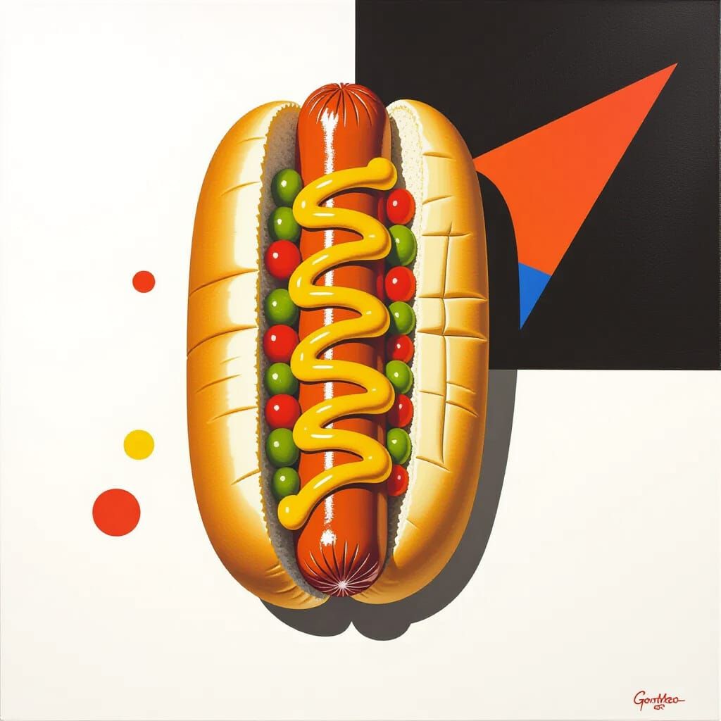 Surreal Hotdog with Geometric Shapes, in Surrealist Style