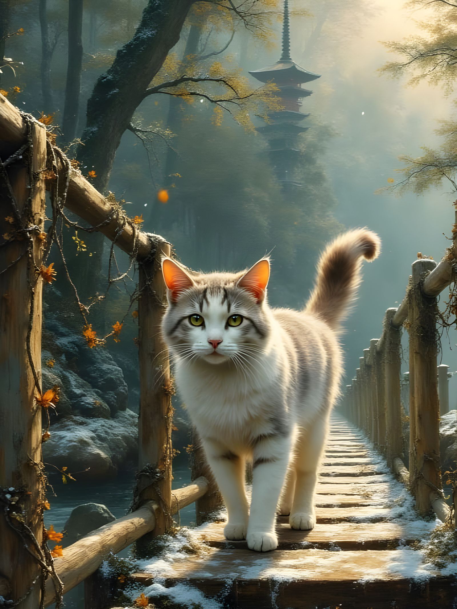 Enigmatic Cat on Winter Bridge, Da Vinci Inspired