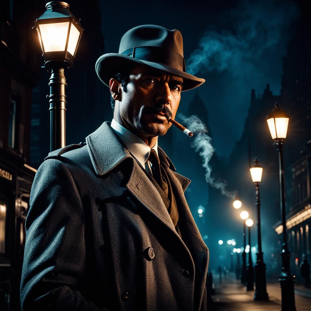 Victorian Detective Smoking in Film Noir Style