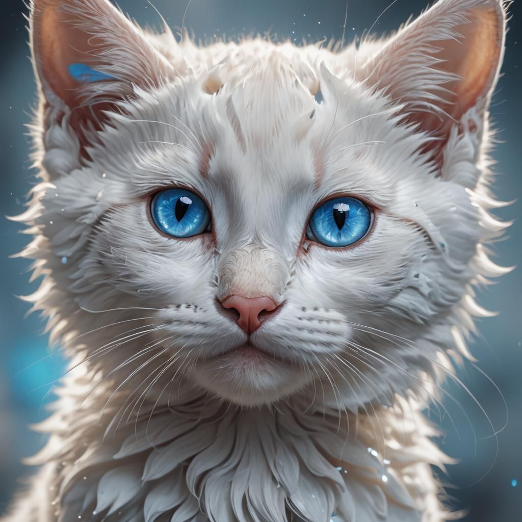 Blue-Eyed Kitten Portrait in Hyperdetailed Art Style