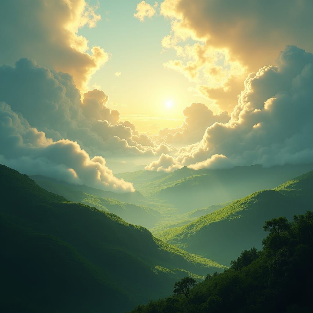 Ethereal Landscape with Radiant Sunlight and Lush Verdure