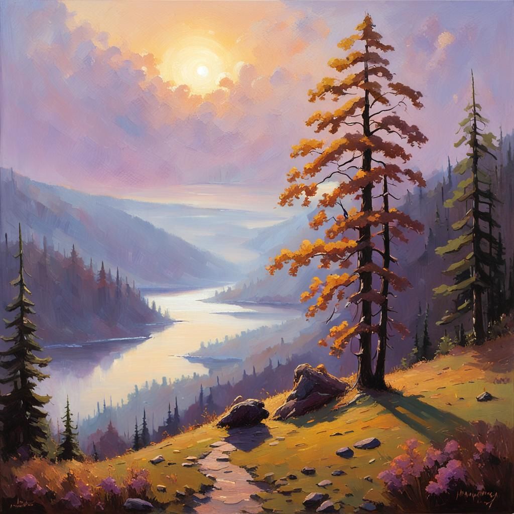 Forested Valley Oil Painting with Mole at Dawn