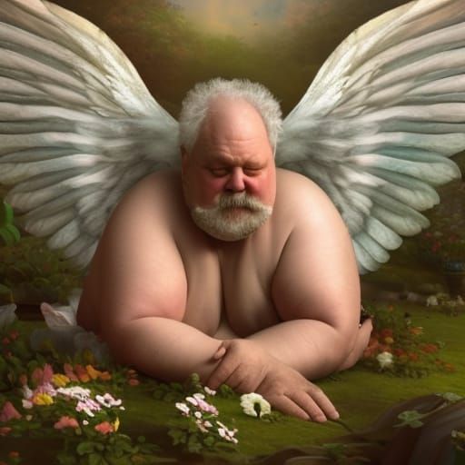 Detailed Painting of Old Cupid in Flower Garden