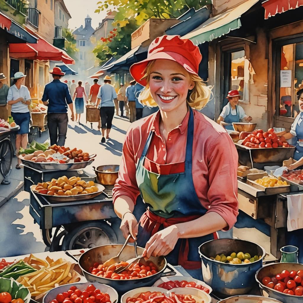 Vibrant Watercolor Street Food Scene Inspired by Rousseau