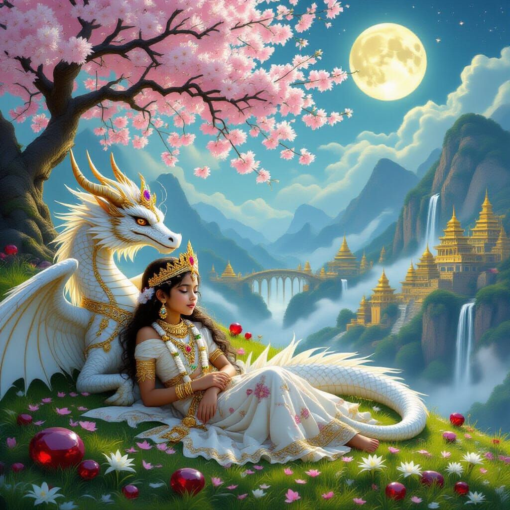 Indian Girl in Crown Rests on Golden Dragon Beneath Moonlit ...