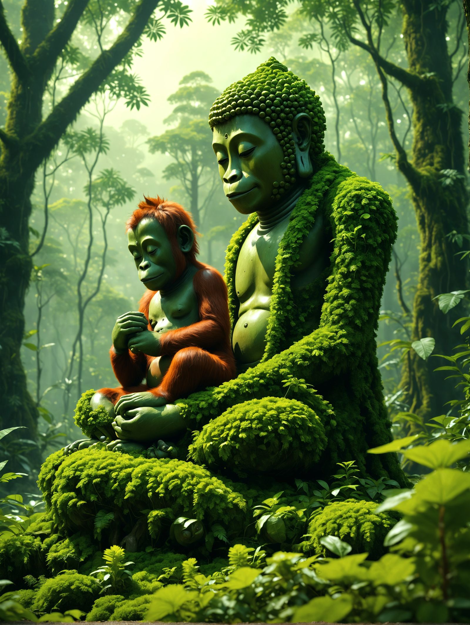 Compassionate Buddha Robot in Luminous Forest Landscape