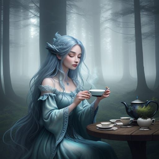 Ethereal Witch Drinks Tea in Misty Enchanted Forest