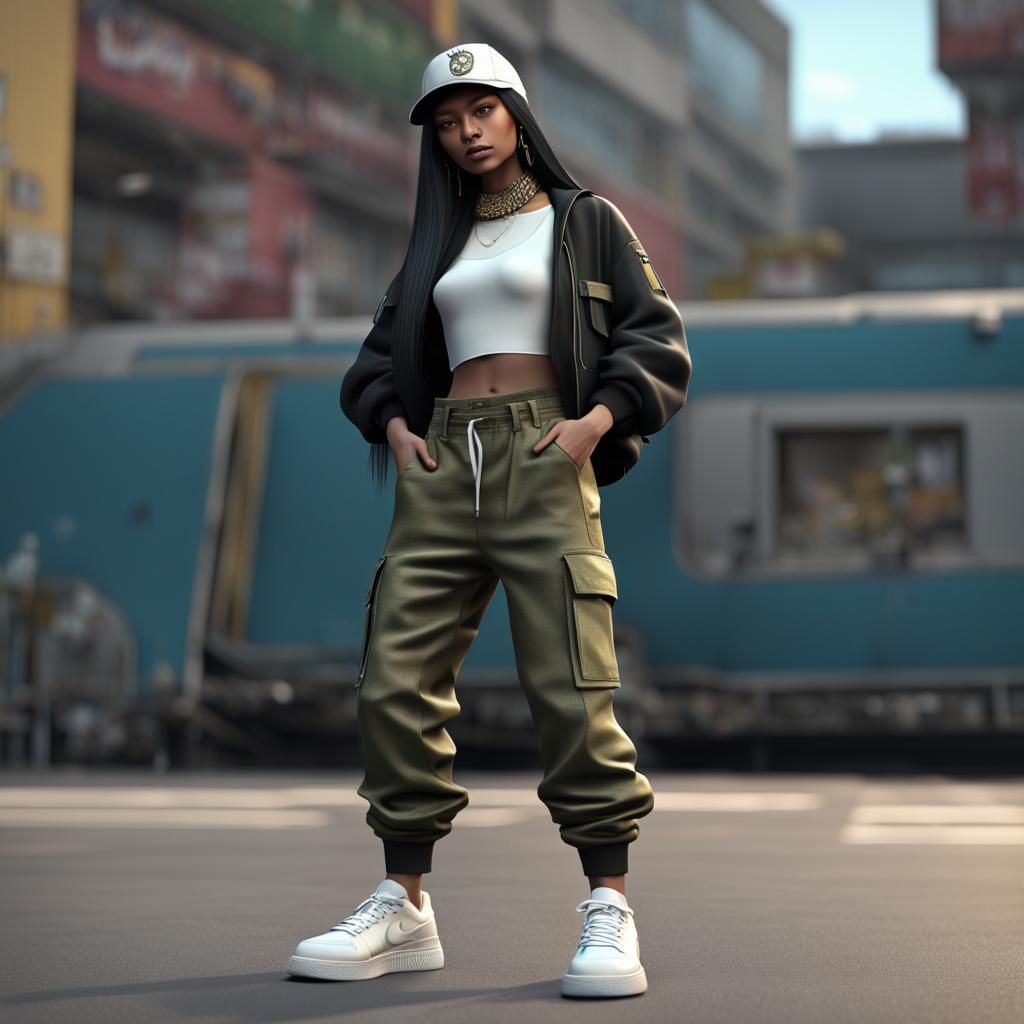 Girl in Hiphop Fashion Leaning on Skateboard