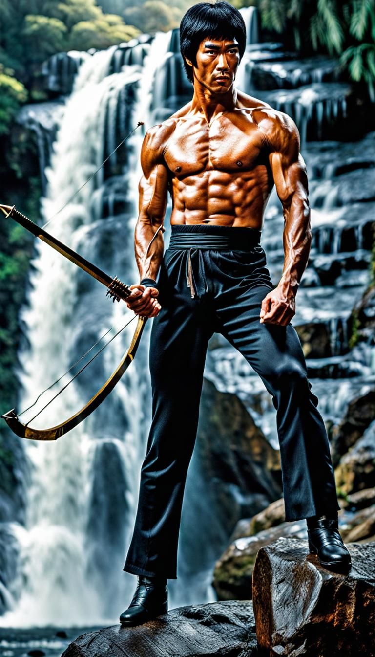 Bruce Lee Rambo with Bow and Arrow by Waterfall