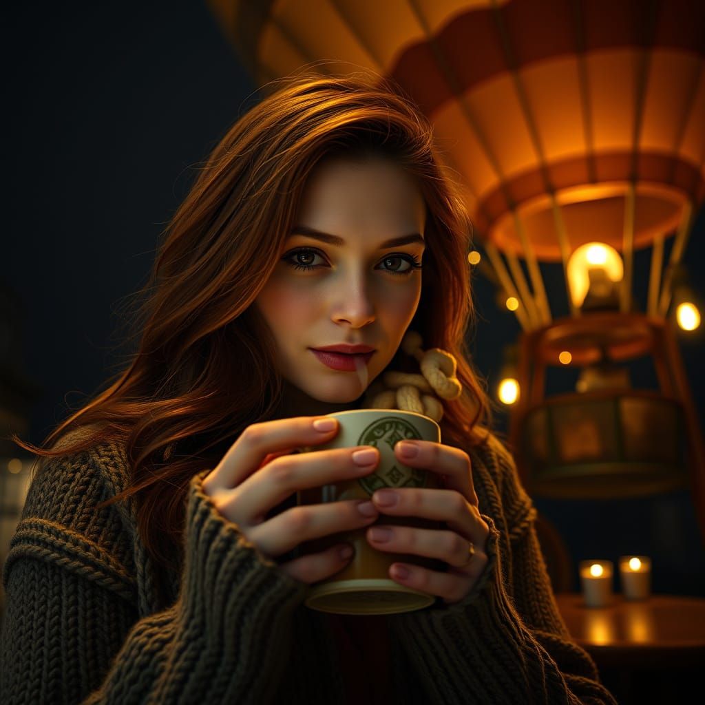 Woman Enjoys Coffee in Floating Cafe