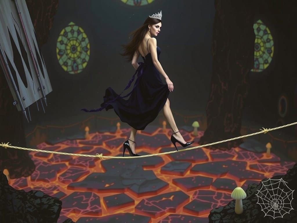 Dark Elf Queen on Tightrope Over Lava, Sinister Atmosphere