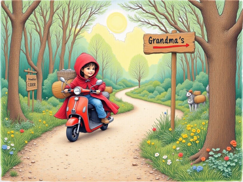 Little Red Riding Hood on Electric Scooter in Storybook Styl...