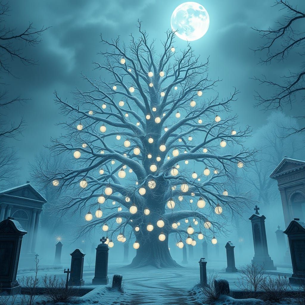 Ethereal Christmas Tree in a Moonlit Cemetery