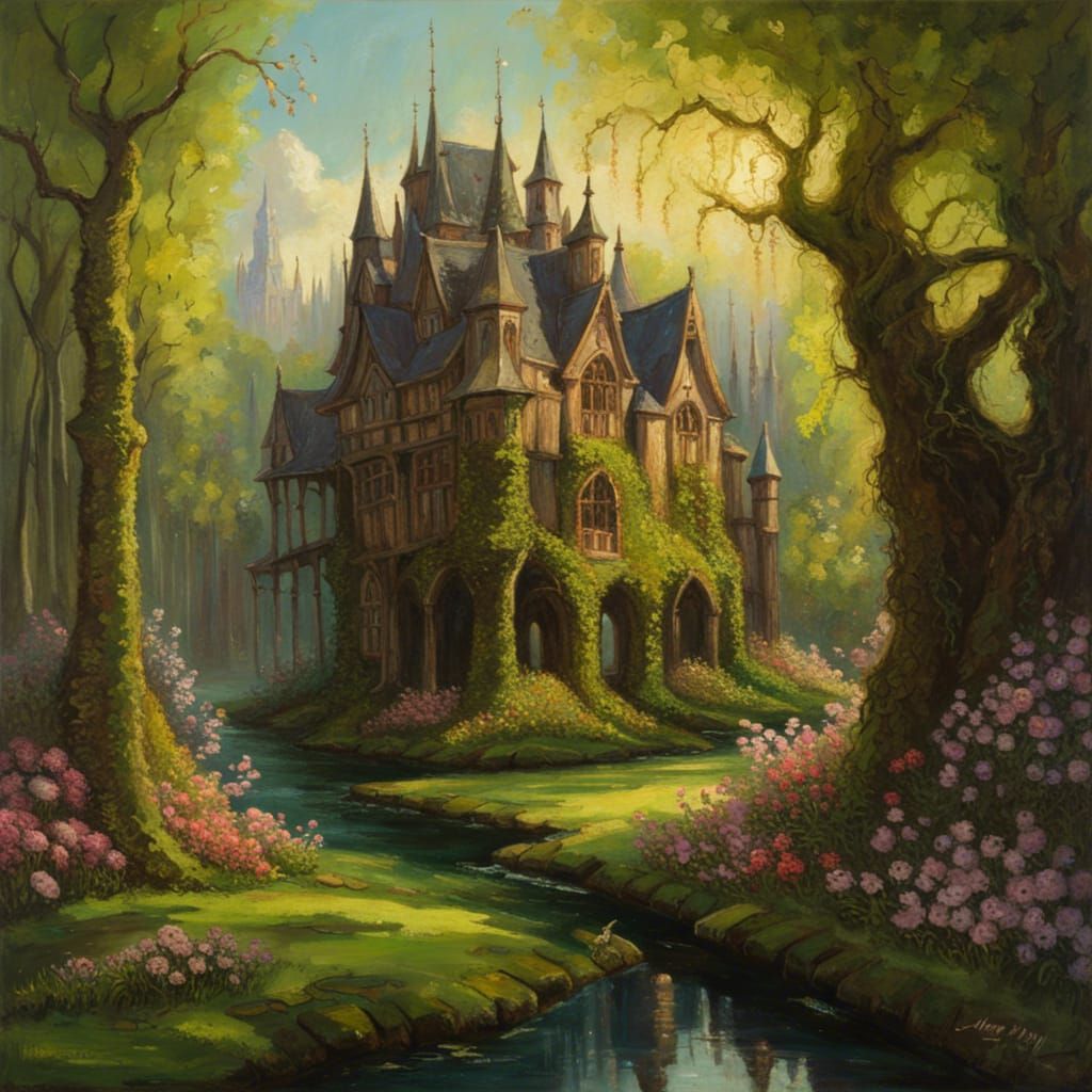 Gothic Dark Fantasy Town in Lush Spring Forest