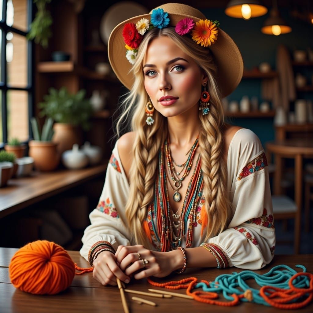 Knitting Needles and Yarn in Hippie Style