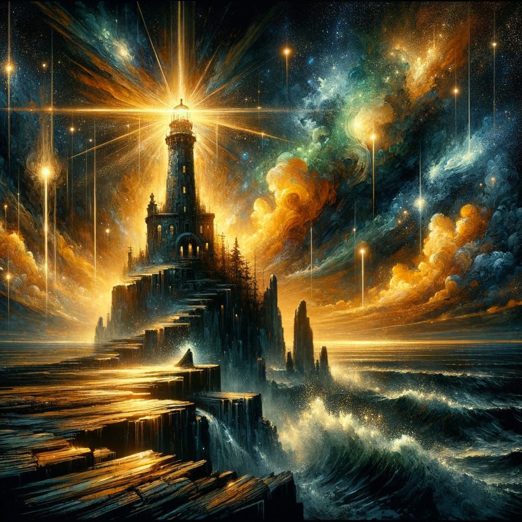 Chiaroscuro Lighthouse Fantasy Art With Beams