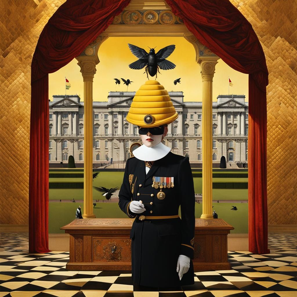Surreal Scene of Palace Guard, Doctor, and Beekeeper in Fron...