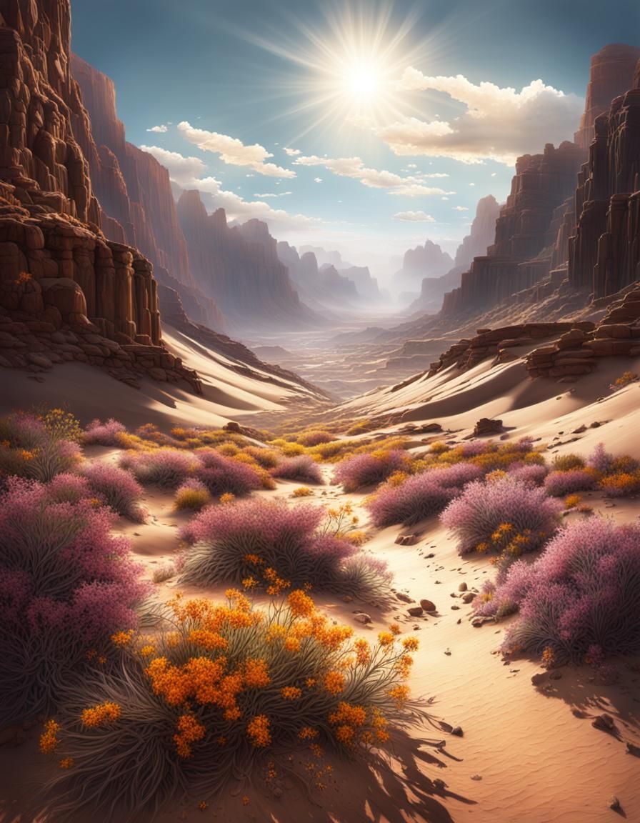 Desert Canyon with Flowers: Digital Matte Painting