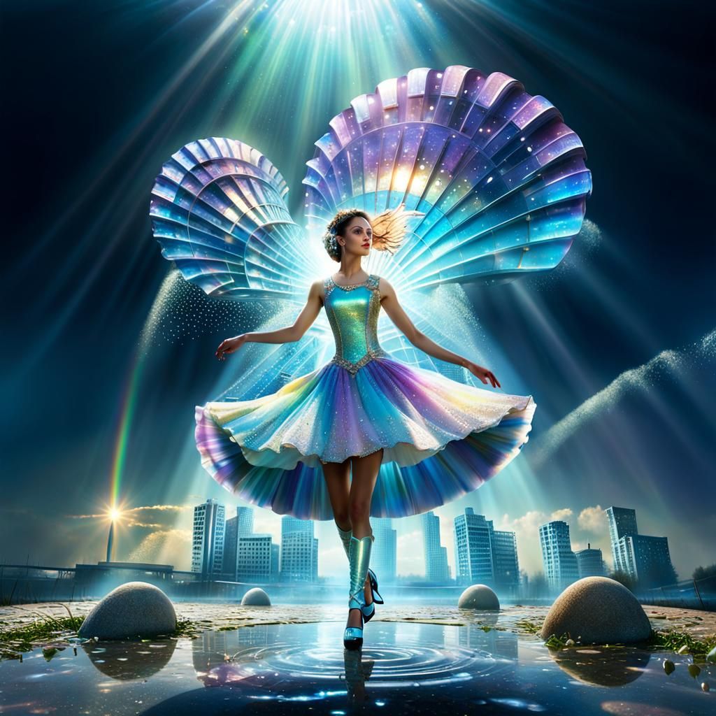 Iridiscent Dewdrop Dancer in Post-Apocalyptic City