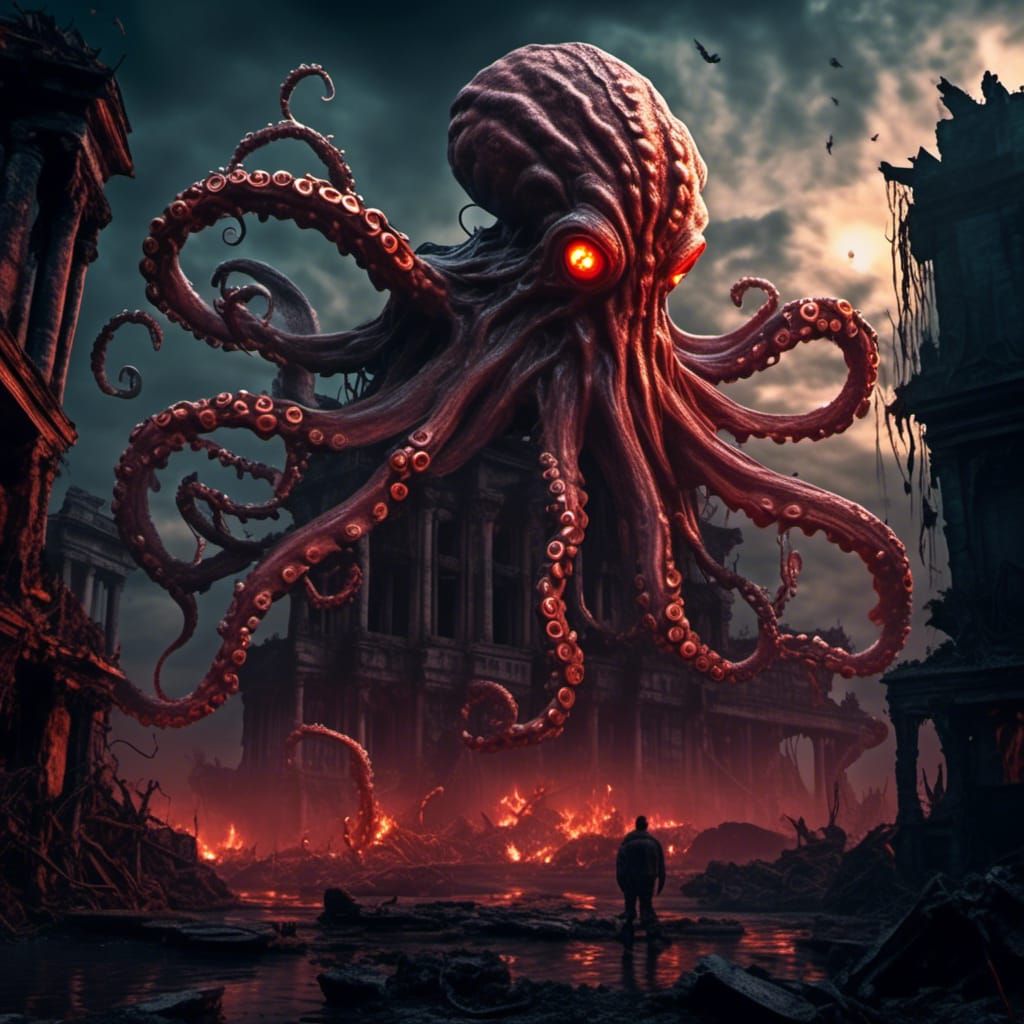 Post-Apocalyptic Biomechanical Octopus in Horror Seascape