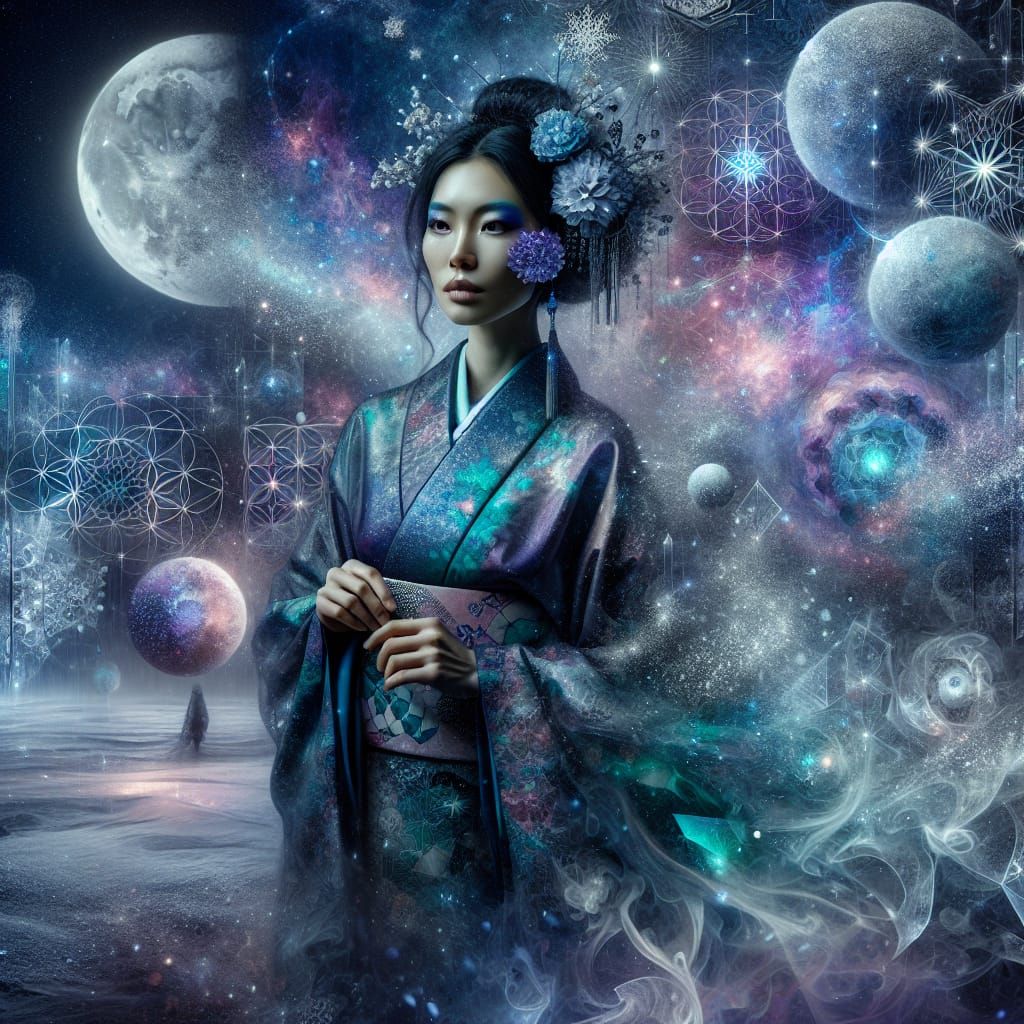 Surreal Winter Night: Woman in Aurora Kimono