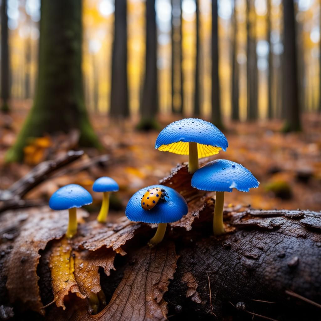 Yellow Ladybug on Blue Mushrooms in Autumn Forest