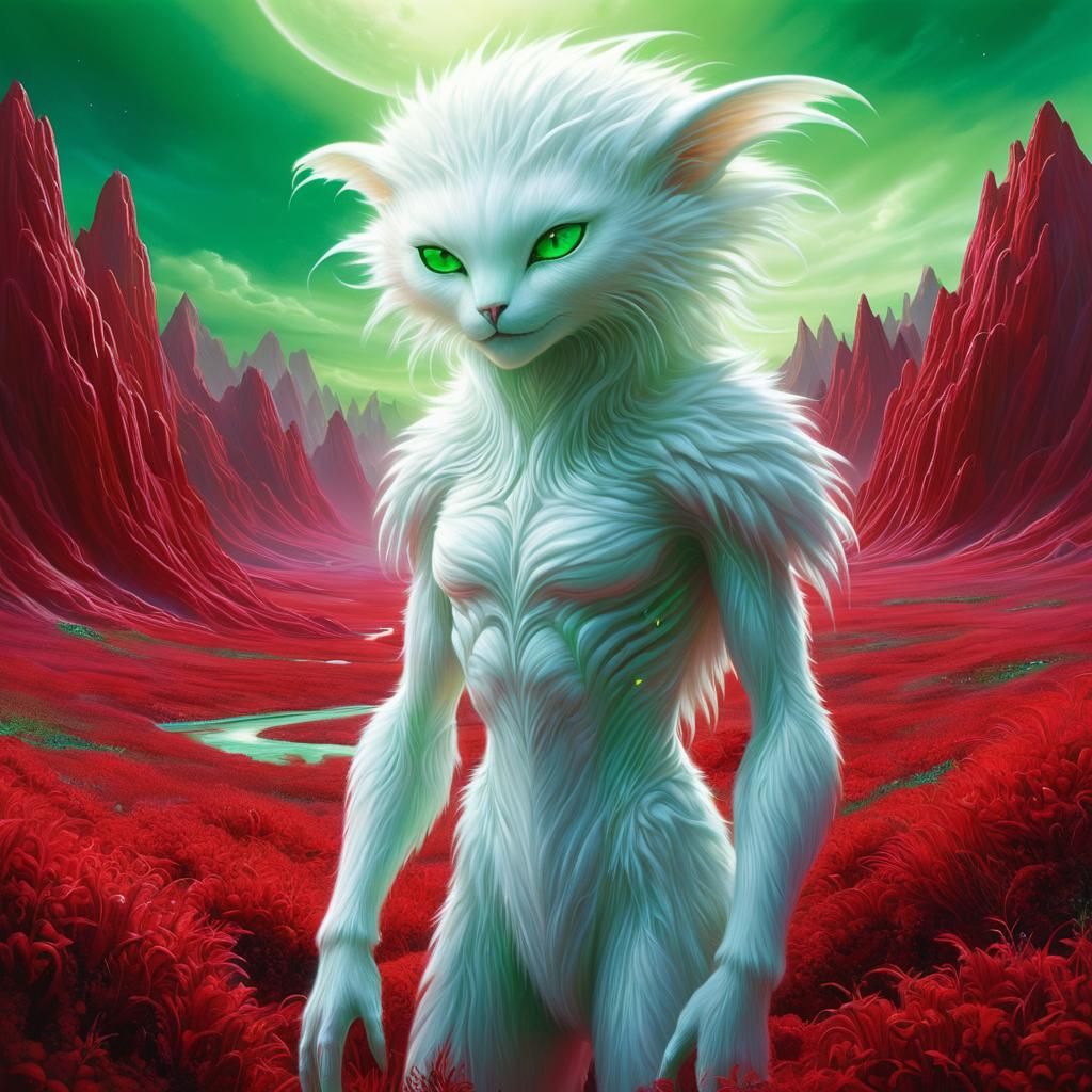Ethereal White Fur Alien in Crimson Landscape